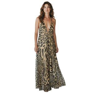 Zury Sheer Leopard Print Maxi Dress Swim Cover-Up Halter Deep V Neck - OS
